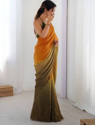 yellow ombre dyed satin saree with blouse piece 2