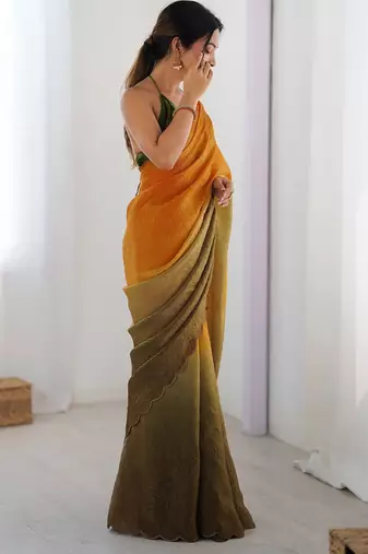 yellow ombre dyed satin saree with blouse piece