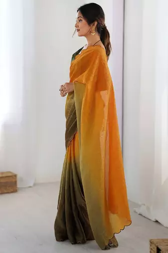 yellow ombre dyed satin saree with blouse piece