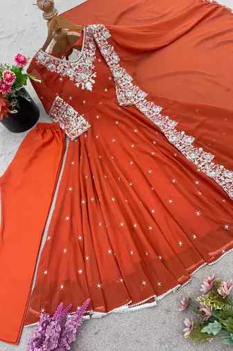Orange faux georgette embroidered flared gown set