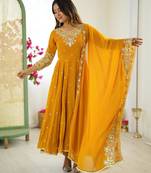 Yellow faux georgette embroidered flared gown set