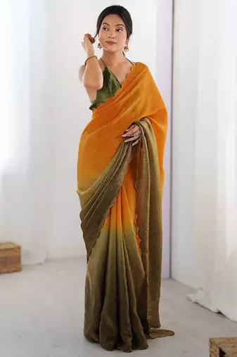 yellow ombre dyed satin saree with blouse piece