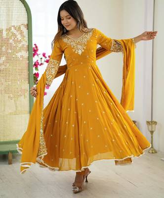 Yellow faux georgette embroidered flared gown set 2