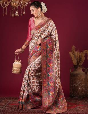 cream ethnic motifs woven design viscose rayon saree 1