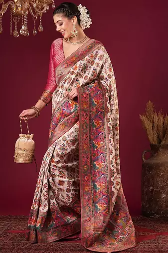 cream ethnic motifs woven design viscose rayon saree