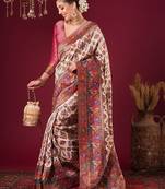 cream ethnic motifs woven design viscose rayon saree