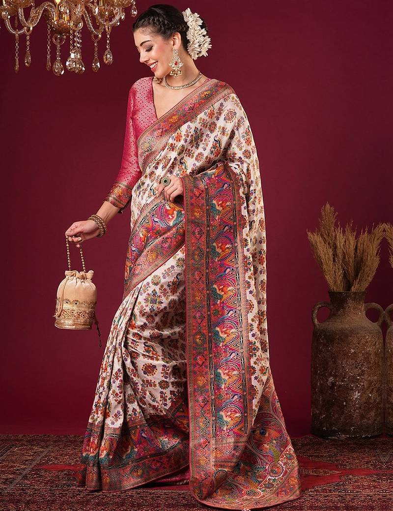 cream ethnic motifs woven design viscose rayon saree