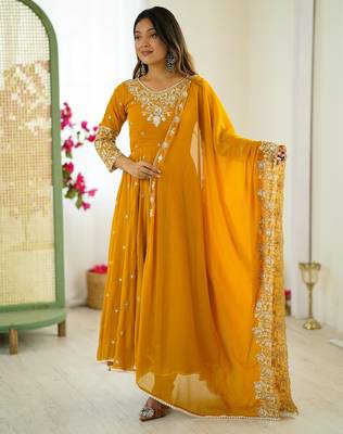 Yellow faux georgette embroidered flared gown set 3