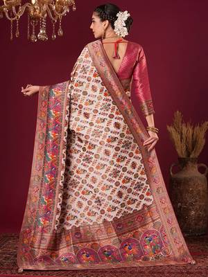 cream ethnic motifs woven design viscose rayon saree 2