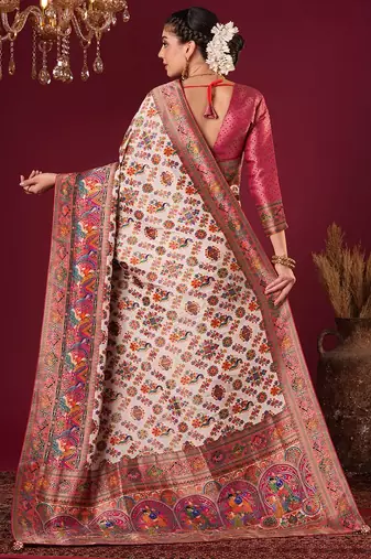 cream ethnic motifs woven design viscose rayon saree