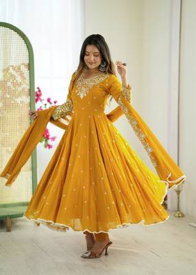 Yellow faux georgette embroidered flared gown set 4