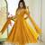 Yellow faux georgette embroidered flared gown set