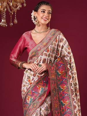 cream ethnic motifs woven design viscose rayon saree 3