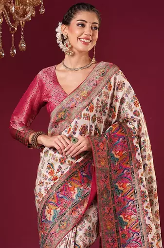 cream ethnic motifs woven design viscose rayon saree