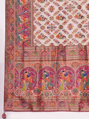 cream ethnic motifs woven design viscose rayon saree 4