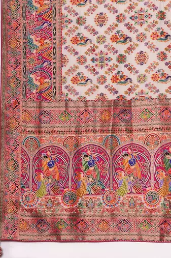 cream ethnic motifs woven design viscose rayon saree