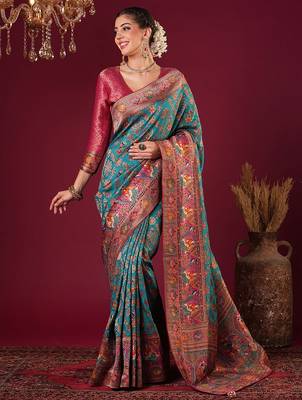 blue women floral woven design viscose rayon celebrity viscose rayon sarees 1