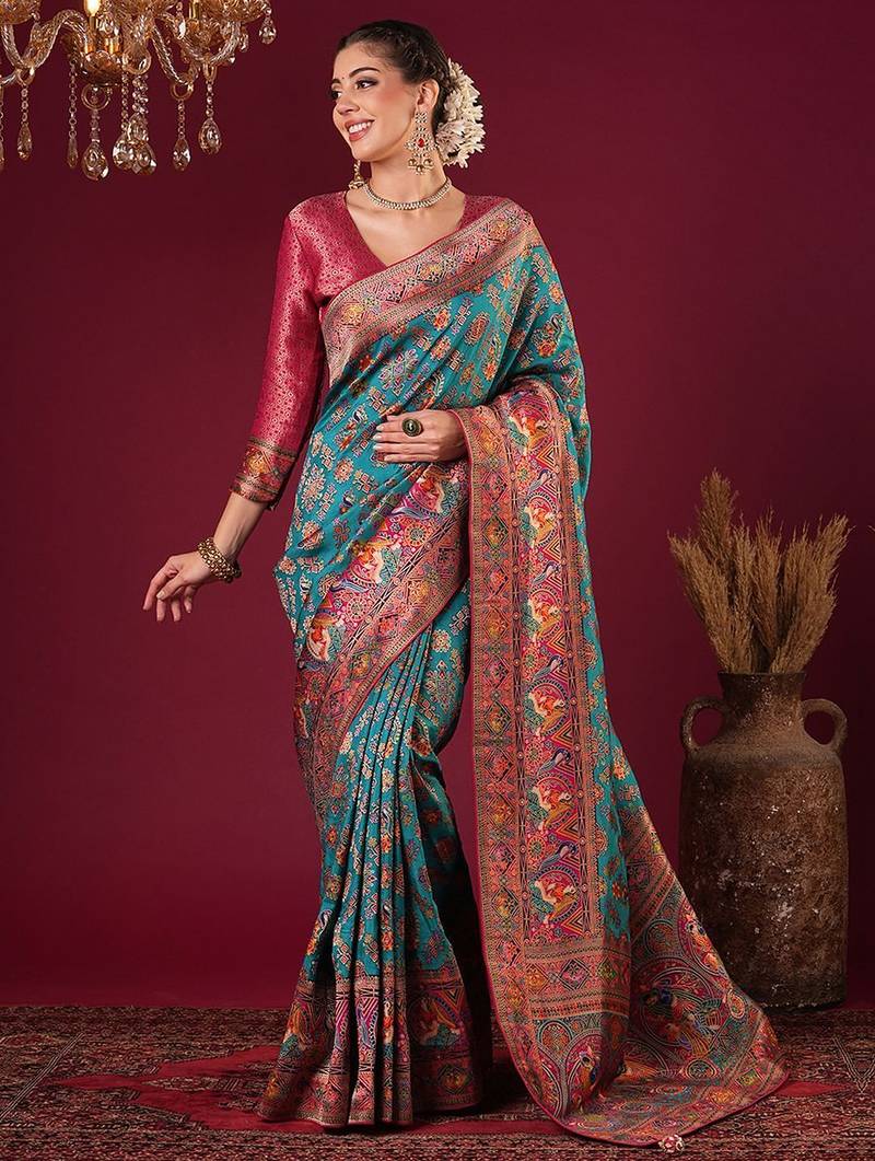 blue women floral woven design viscose rayon celebrity viscose rayon sarees