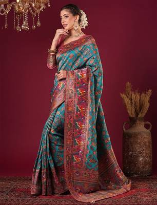 blue women floral woven design viscose rayon celebrity viscose rayon sarees 2