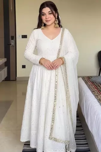 White cotton poly embroidered flared gown set