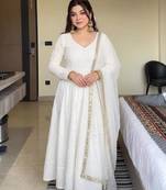 White cotton poly embroidered flared gown set