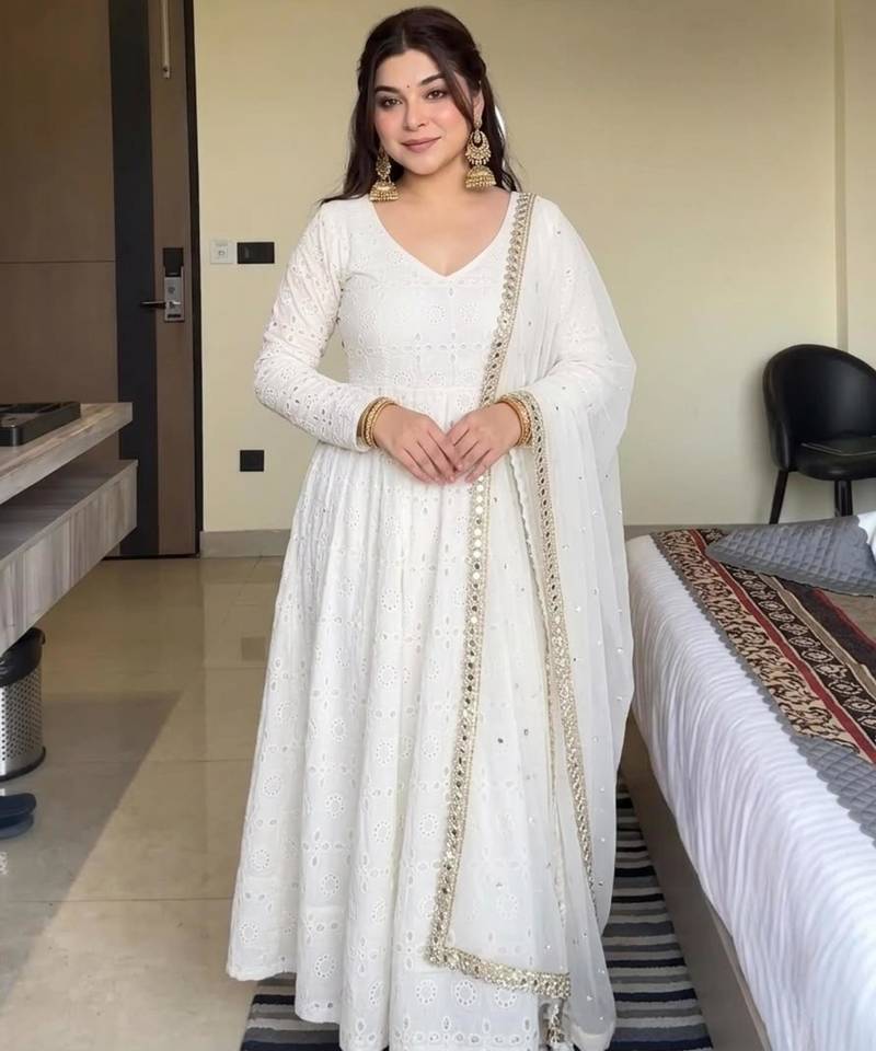 White cotton poly embroidered flared gown set