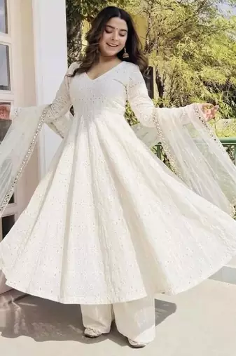 White cotton poly embroidered flared gown set