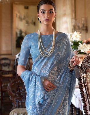 blue floral printed zari bagru saree with matching blouse 2