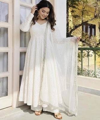 White cotton poly embroidered flared gown set 3