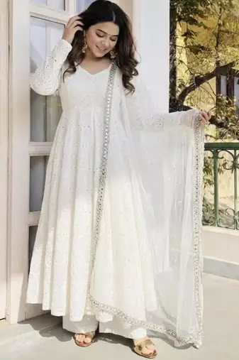 White cotton poly embroidered flared gown set
