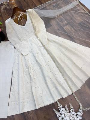 White cotton poly embroidered flared gown set 4