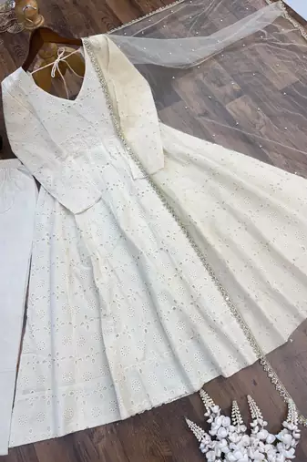 White cotton poly embroidered flared gown set