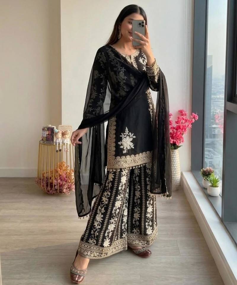 Black georgette embroidered palazzo set