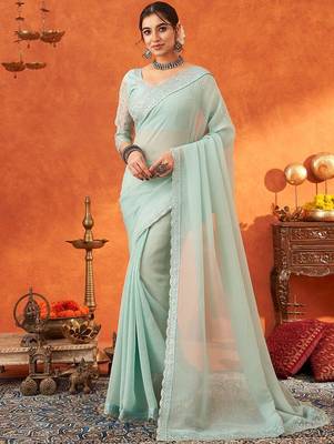 sea green sequined embellished party wear saree 1