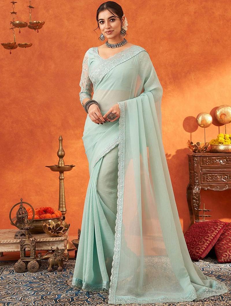 sea green sequined embellished party wear saree