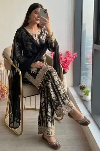 Black georgette embroidered palazzo set