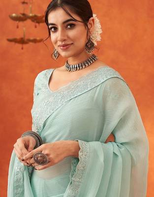 sea green sequined embellished party wear saree 2