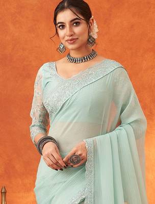sea green sequined embellished party wear saree 3