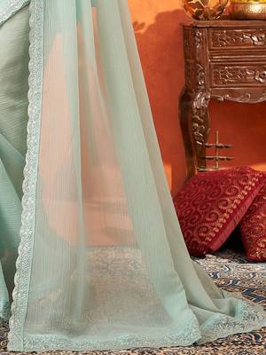 sea green sequined embellished party wear saree 4
