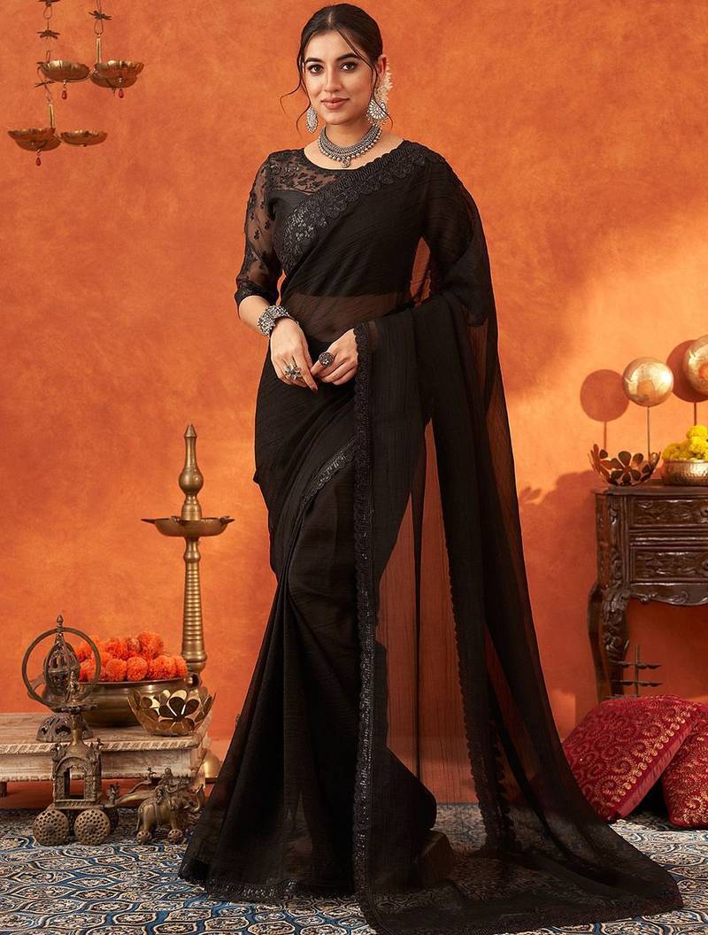 black sequinned embellished saree party wear saree with blouse piece