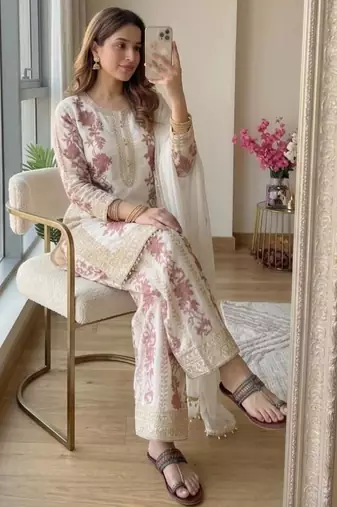 White georgette embroidered palazzo set
