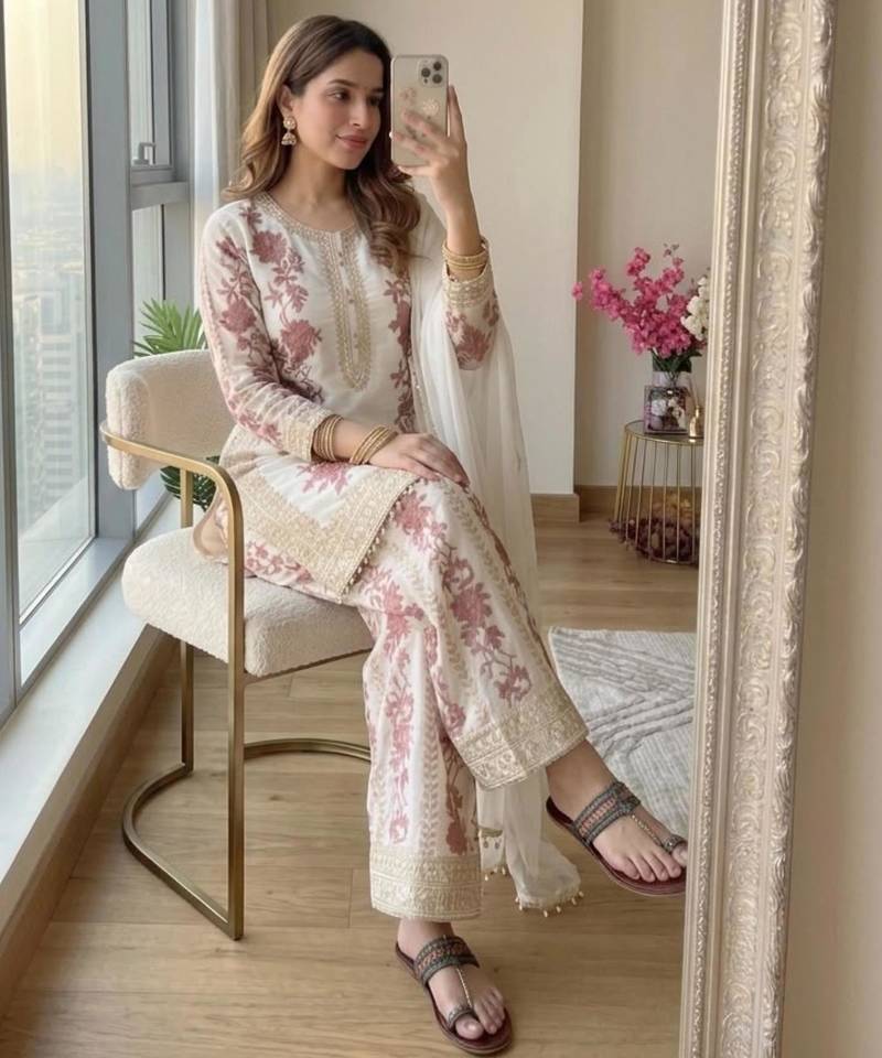White georgette embroidered palazzo set