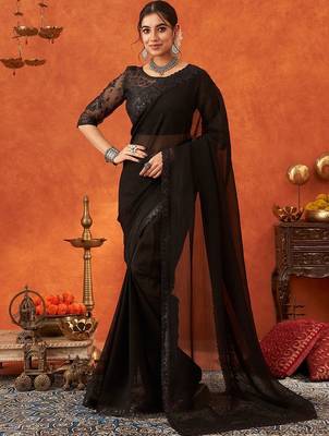 black sequinned embellished saree party wear saree with blouse piece 2