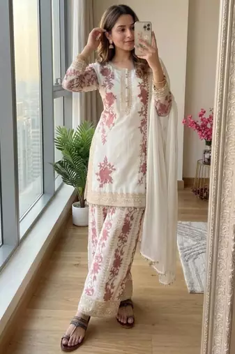 White georgette embroidered palazzo set