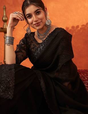 black sequinned embellished saree party wear saree with blouse piece 3