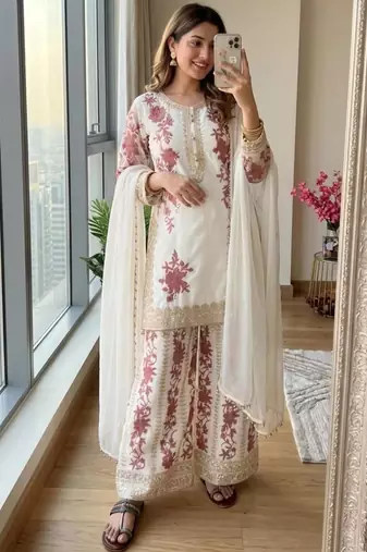 White georgette embroidered palazzo set
