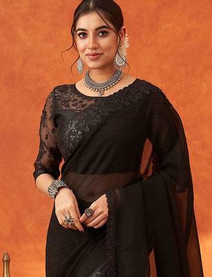 black sequinned embellished saree party wear saree with blouse piece 4