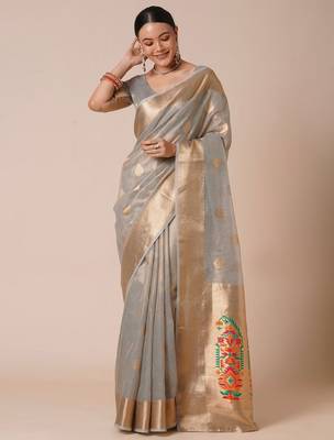 Grey ethnic motifs zari tissue banarasi saree 1
