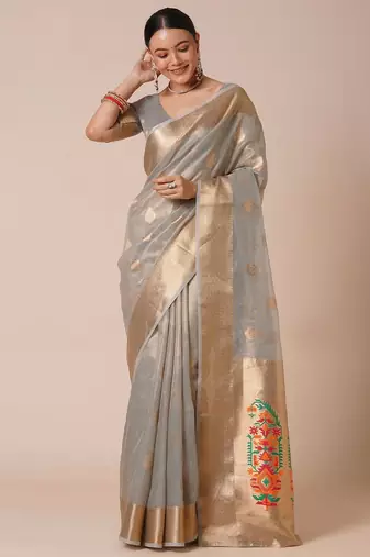 Grey ethnic motifs zari tissue banarasi saree