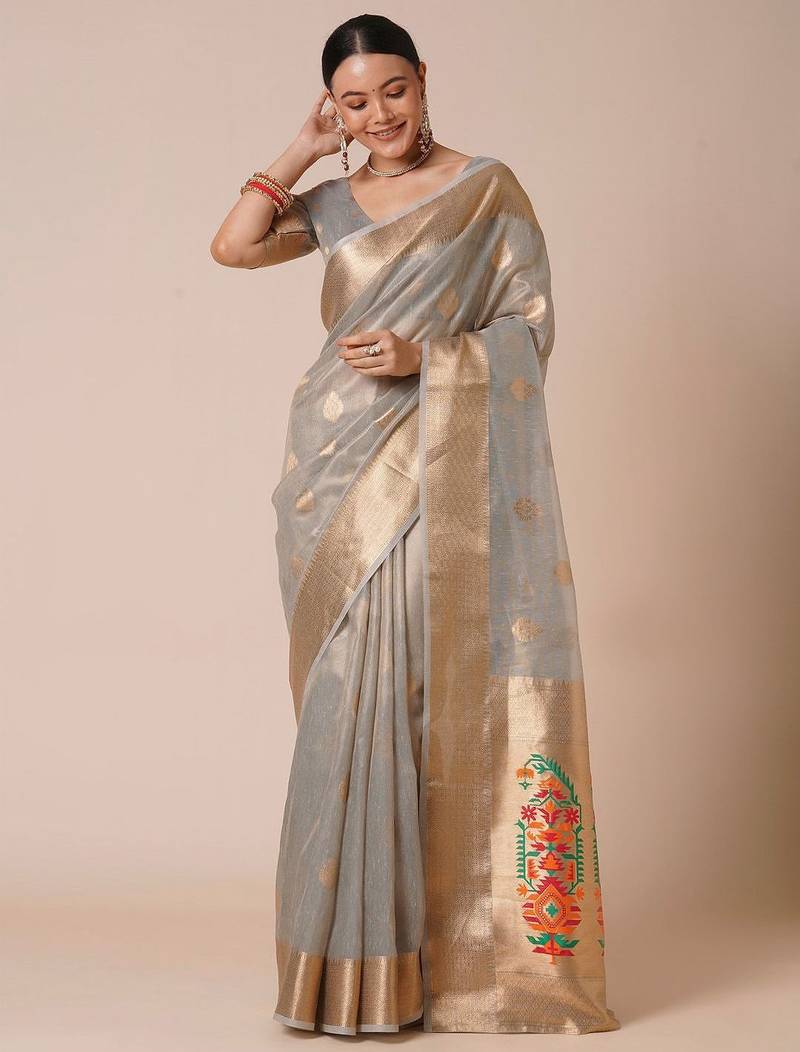 Grey ethnic motifs zari tissue banarasi saree
